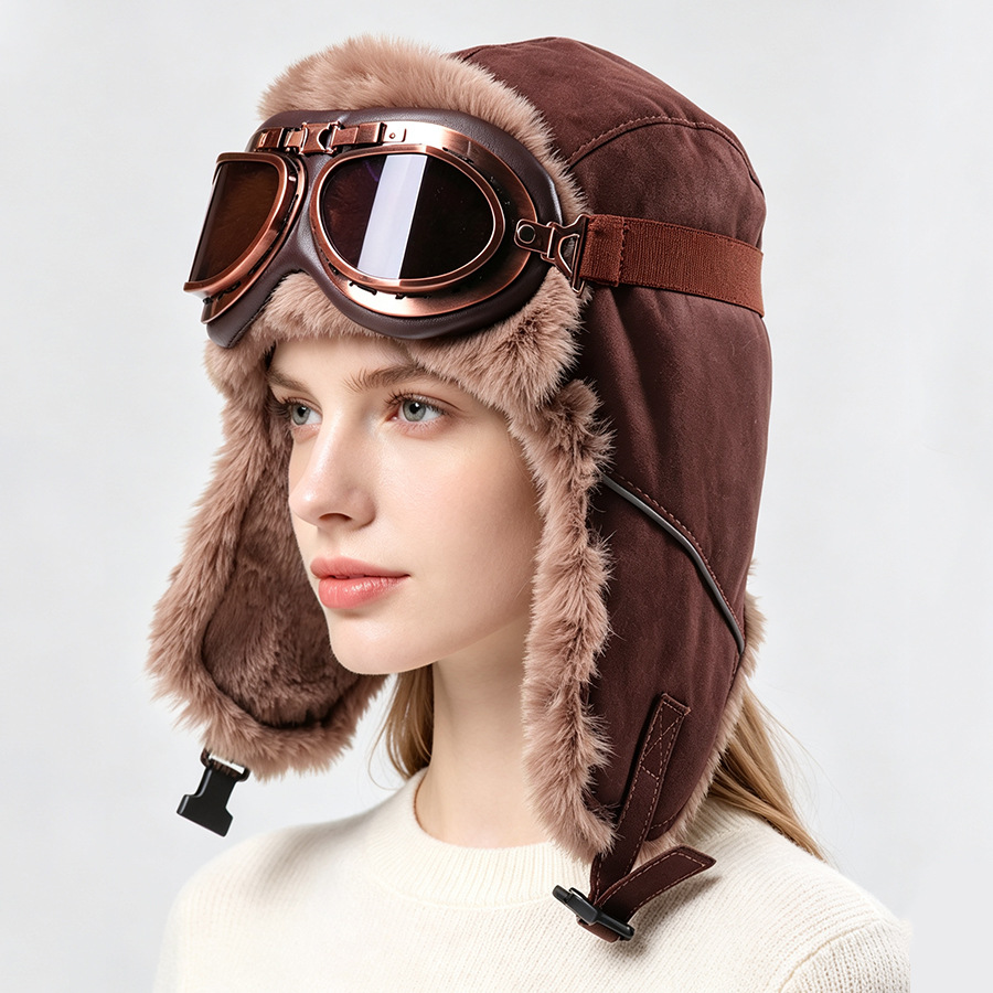 Winter Trapper Hat - Chapeau d'aviateur vintage avec lunettes, doublure